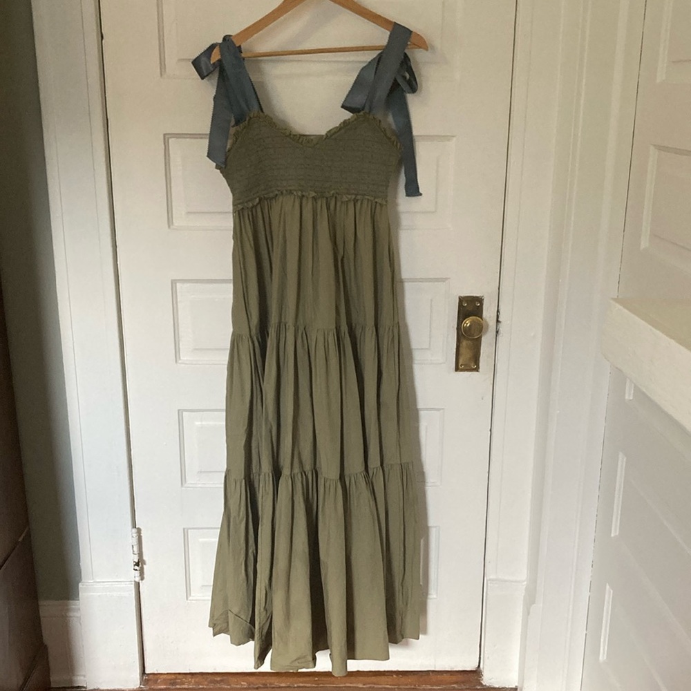 Free People Bluebell Olive Green Maxi Dress with Blue Ribbon Straps